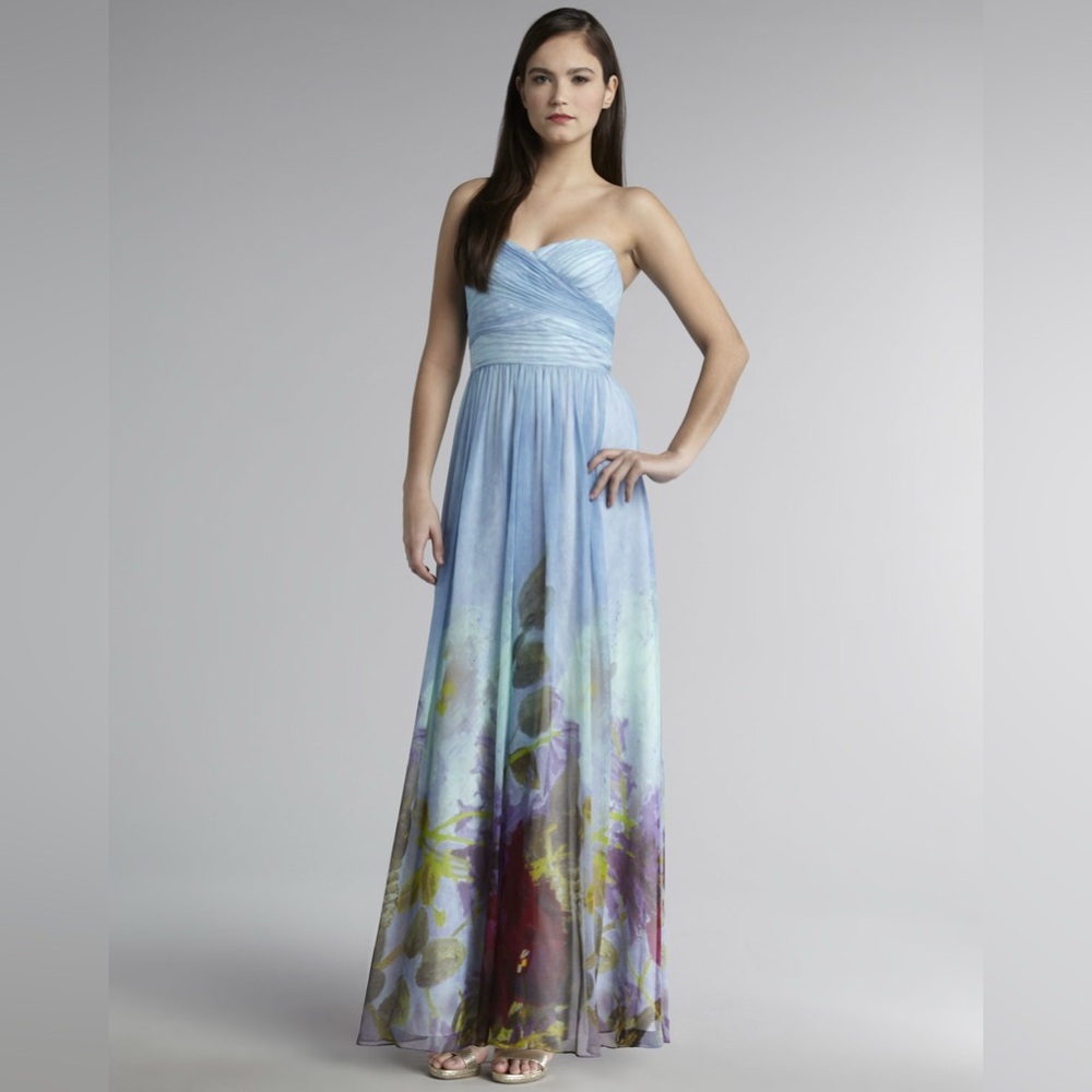 Aidan Mattox 100% Silk Strapless Watercolor Floral Maxi Gown Size 4 Spring